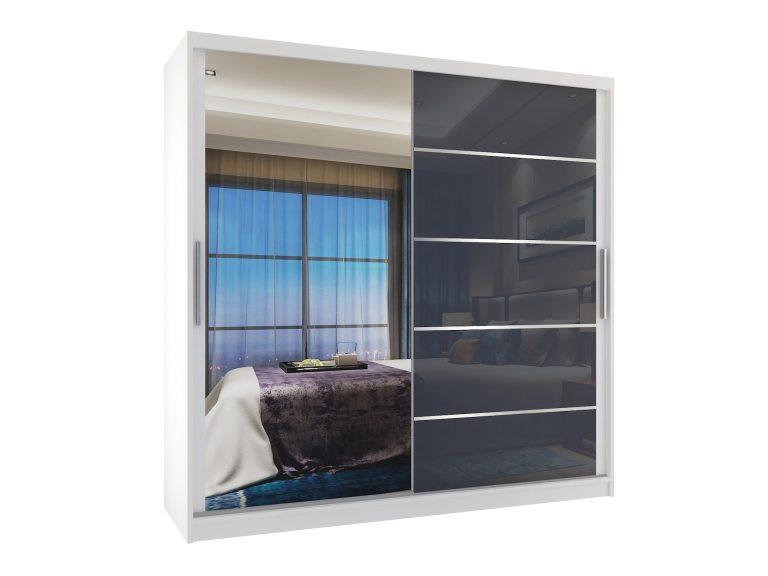 Kleiderschrank 200 cm Belini weiß matt / grau glänzend mit Schiebetüren mit Spiegel und Schubladen Hersteller MGB SZP5/1/W/1L5S/KLAL