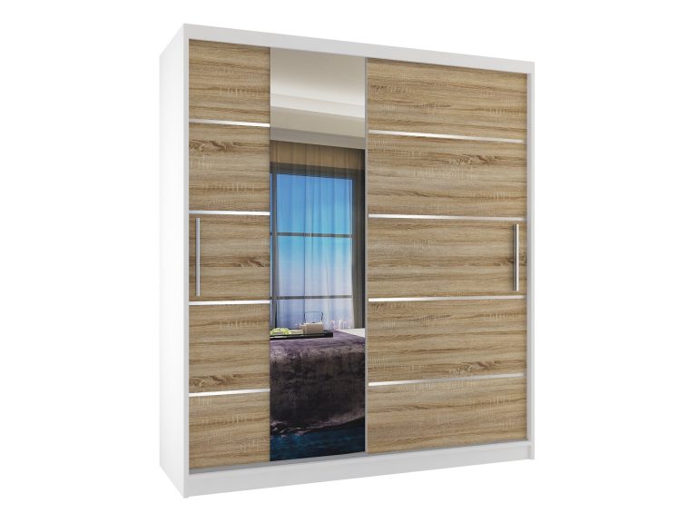 Kleiderschrank 133 cm Belini weiß matt / Sonoma-Eiche mit Schiebetüren mit Spiegel und Schubladen Hersteller MBP SZP6/1/W/DS/0/KLAL