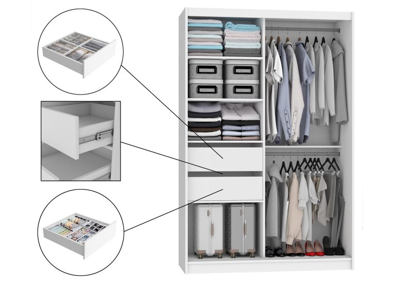Kleiderschrank 133 cm Belini schwarz matt / weiß matt mit Schiebetüren mit Spiegel und Schubladen Hersteller MBP SZP6/1/B/W/0/KLP