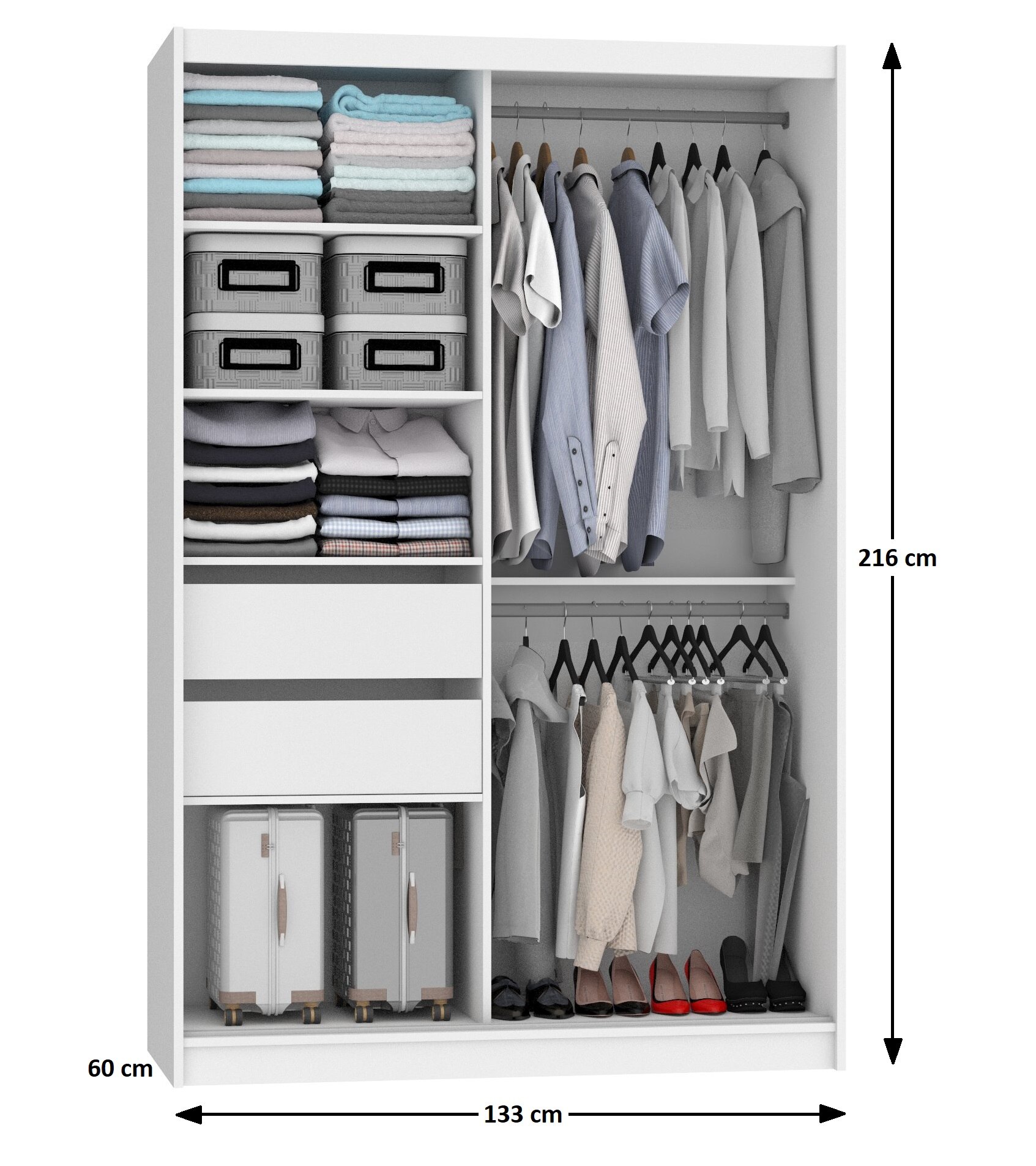 Kleiderschrank 133 cm Belini schwarz matt / weiß matt mit Schiebetüren mit Spiegel und Schubladen Hersteller MBP SZP6/1/B/W/0/KLP