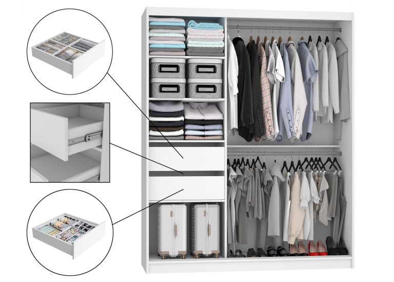 Kleiderschrank 158 cm Belini weiß matt / grau matt mit Schiebetüren mit Spiegel und Schubladen Hersteller ME SZP7/0/W/SR/0/KLAL
