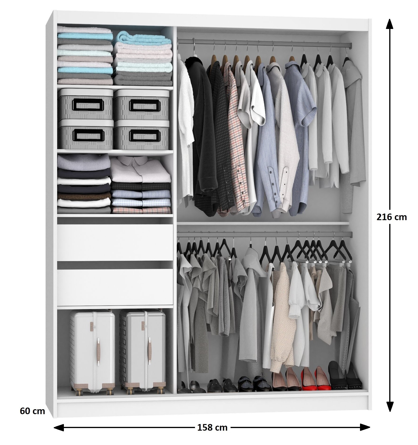 Kleiderschrank 158 cm Belini weiß matt / grau matt mit Schiebetüren mit Spiegel und Schubladen Hersteller ME SZP7/0/W/SR/0/KLAL