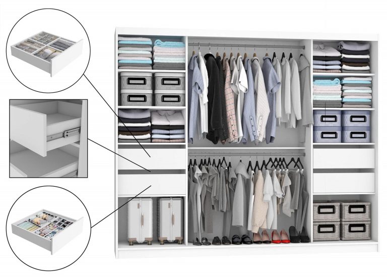 Kleiderschrank 235 cm Belini schwarz matt / schwarz glänzend mit Schiebetüren mit Spiegel und Schubladen Hersteller MGB SZP8/0/B/2B1L/KLP