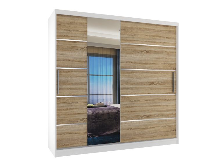 Kleiderschrank 200 cm Belini weiß matt / Sonoma-Eiche mit Schiebetüren mit Spiegel und Schubladen Hersteller MBP SZP5/1/W/DS/0/KLAL