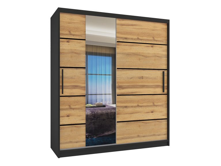 Kleiderschrank 133 cm Belini schwarz matt / Wotan-Eiche mit Schiebetüren mit Spiegel und Schubladen Hersteller MBP SZP6/1/B/DW/0/KLP