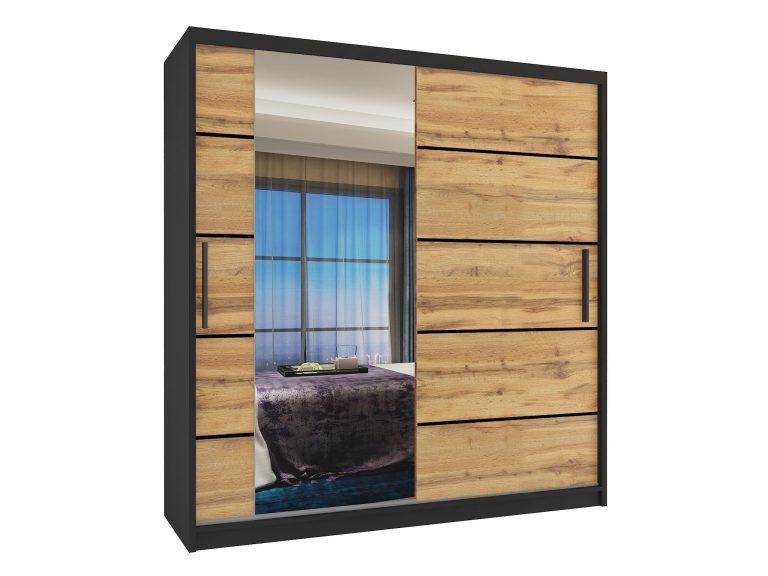 Kleiderschrank 158 cm Belini schwarz matt / Wotan-Eiche mit Schiebetüren mit Spiegel und Schubladen Hersteller MBP SZP7/0/B/DW/0/KLP