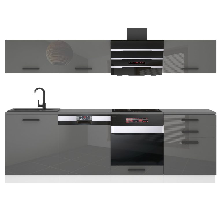 Belini Küchenzeile Premium Komplettversion 240 cm Hochglanzgrau mit Arbeitsplatte LINDA Hersteller INF LINDA/0/WT/S/B/B1
