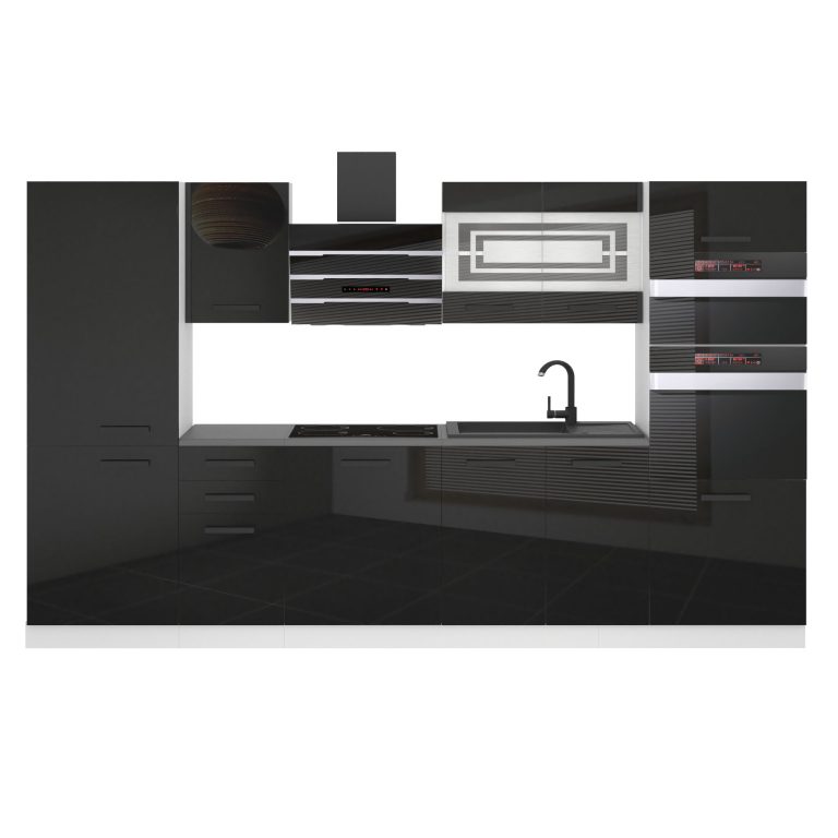 Belini Küchenzeile Premium Komplettversion 300 cm Hochglanzschwarz ohne Arbeitsplatte MILA Hersteller INF MILA/0/WT/B/0/B1