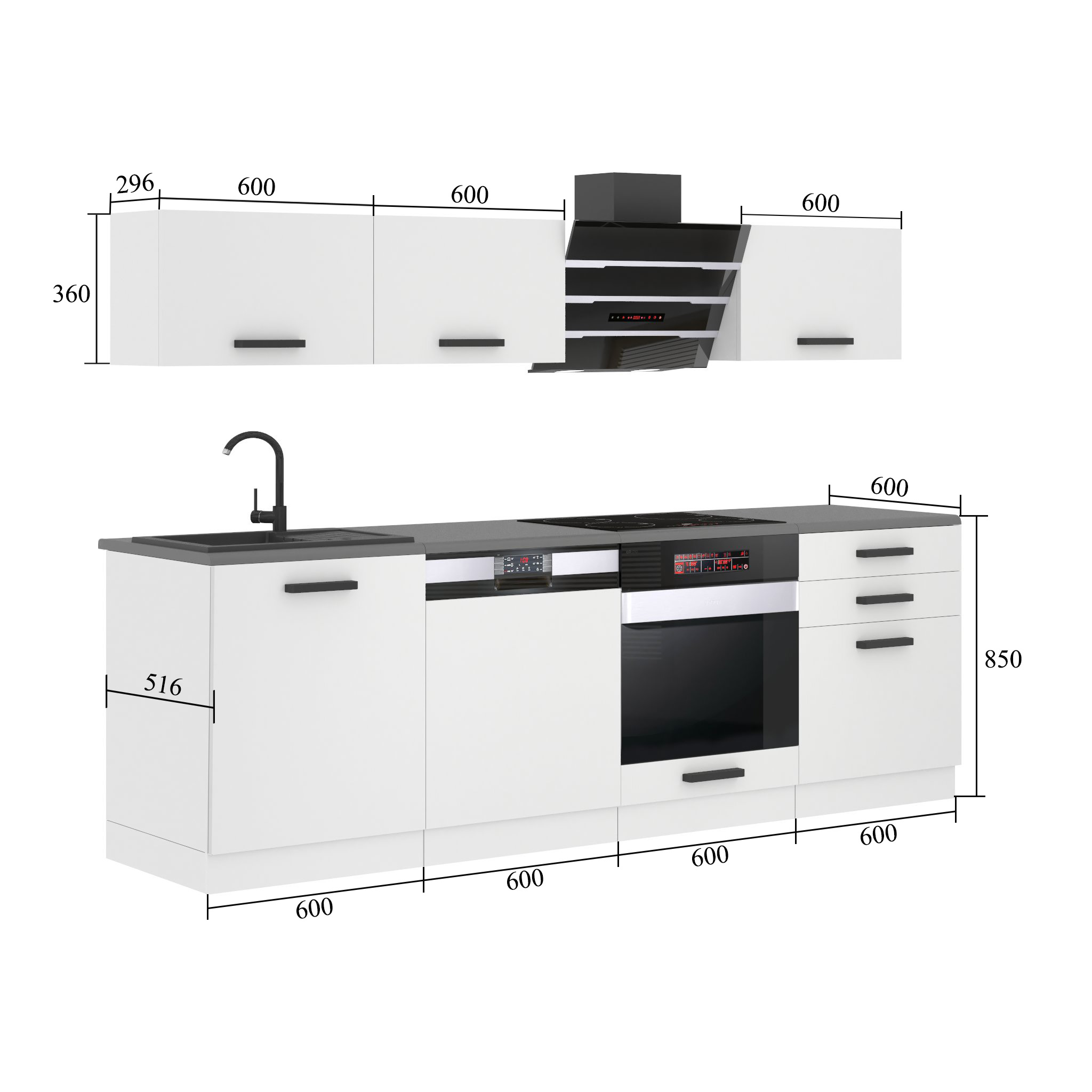 Belini Küchenzeile Premium Komplettversion 240 cm Mattweiß ohne Arbeitsplatte LINDA Hersteller TOR LINDA/0/WT/WT/0/B1
