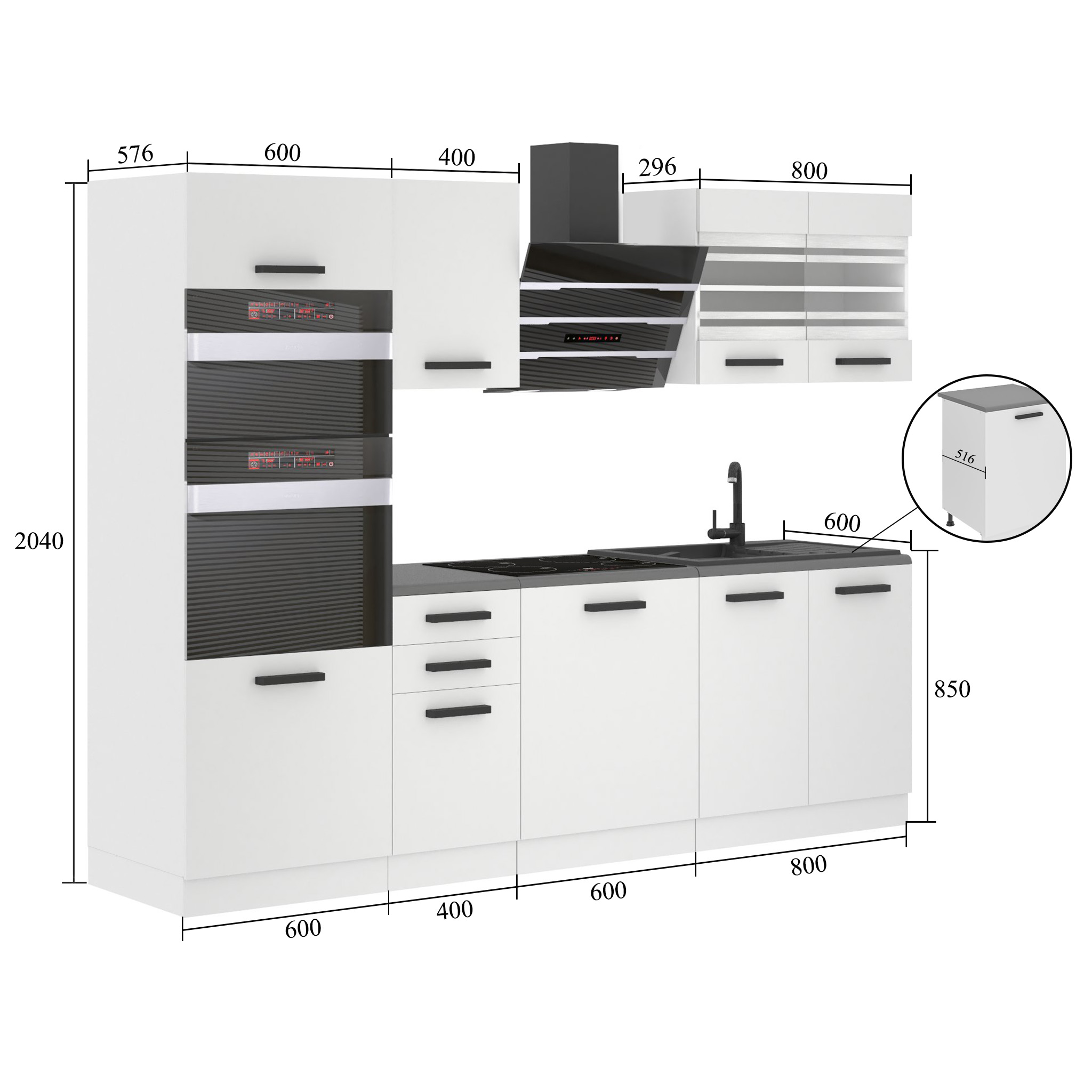 Belini Küchenzeile Premium Komplettversion 240 cm Hochglanzweiß ohne Arbeitsplatte TRACY Hersteller INF TRACY/0/WT/W/0/B1