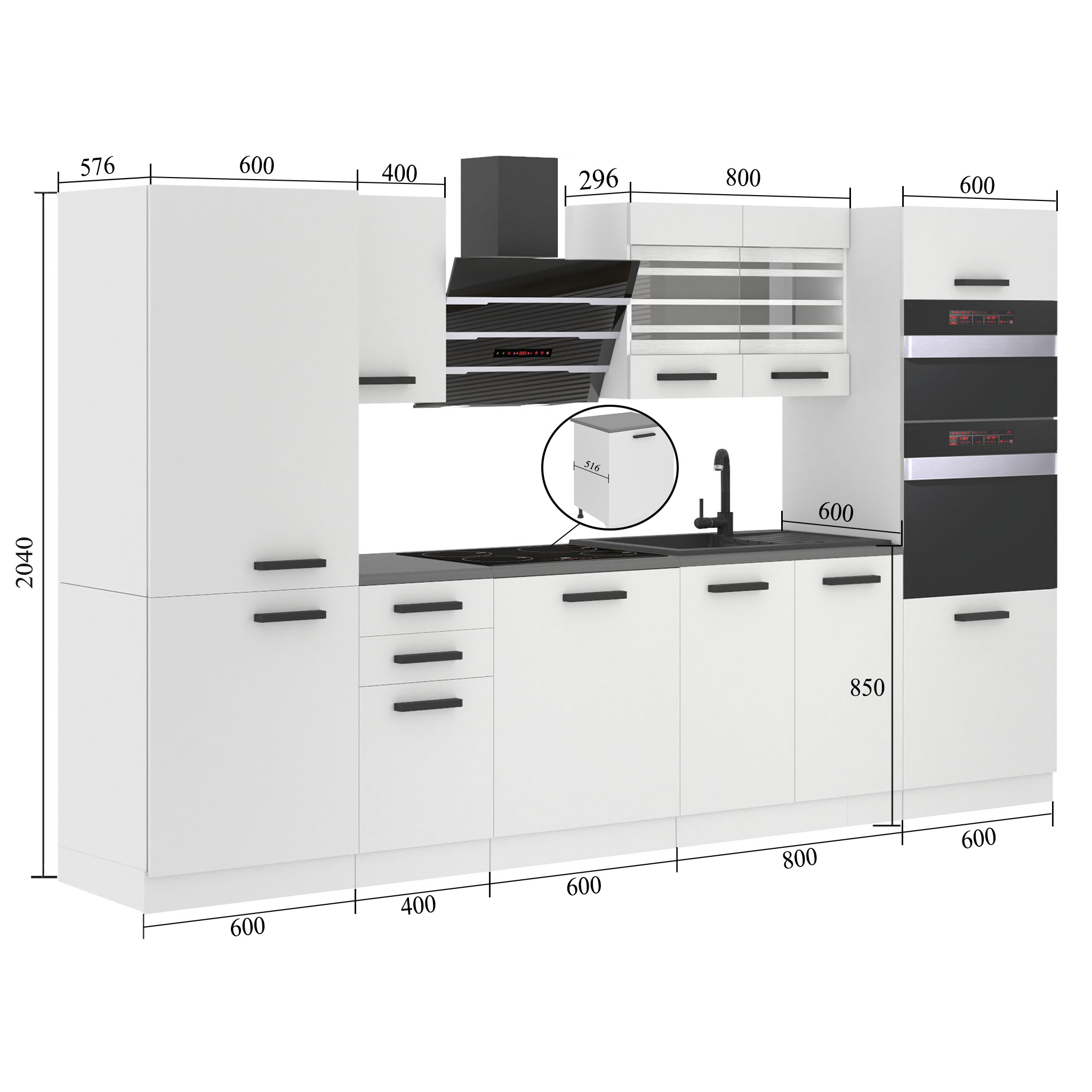 Belini Küchenzeile Premium Komplettversion 300 cm Mattweiß mit Arbeitsplatte MILA Hersteller TOR MILA/0/WT/WT/B/B1
