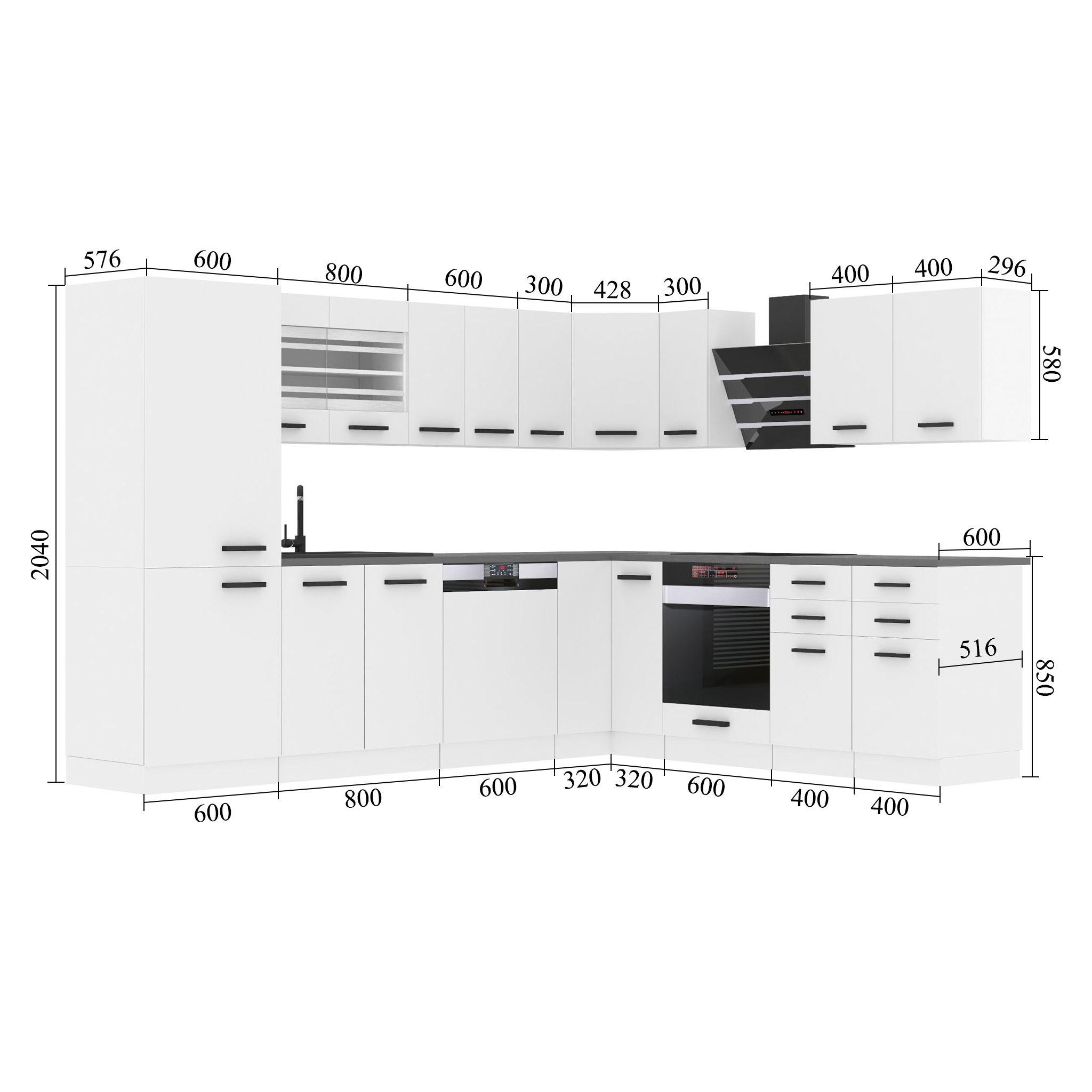 Belini Eckküche Premium Komplettversion 520 cm königliches Ebenholz Arbeitsplatte JULIE Hersteller TOR JULIE/0/WT/HK/B/B1
