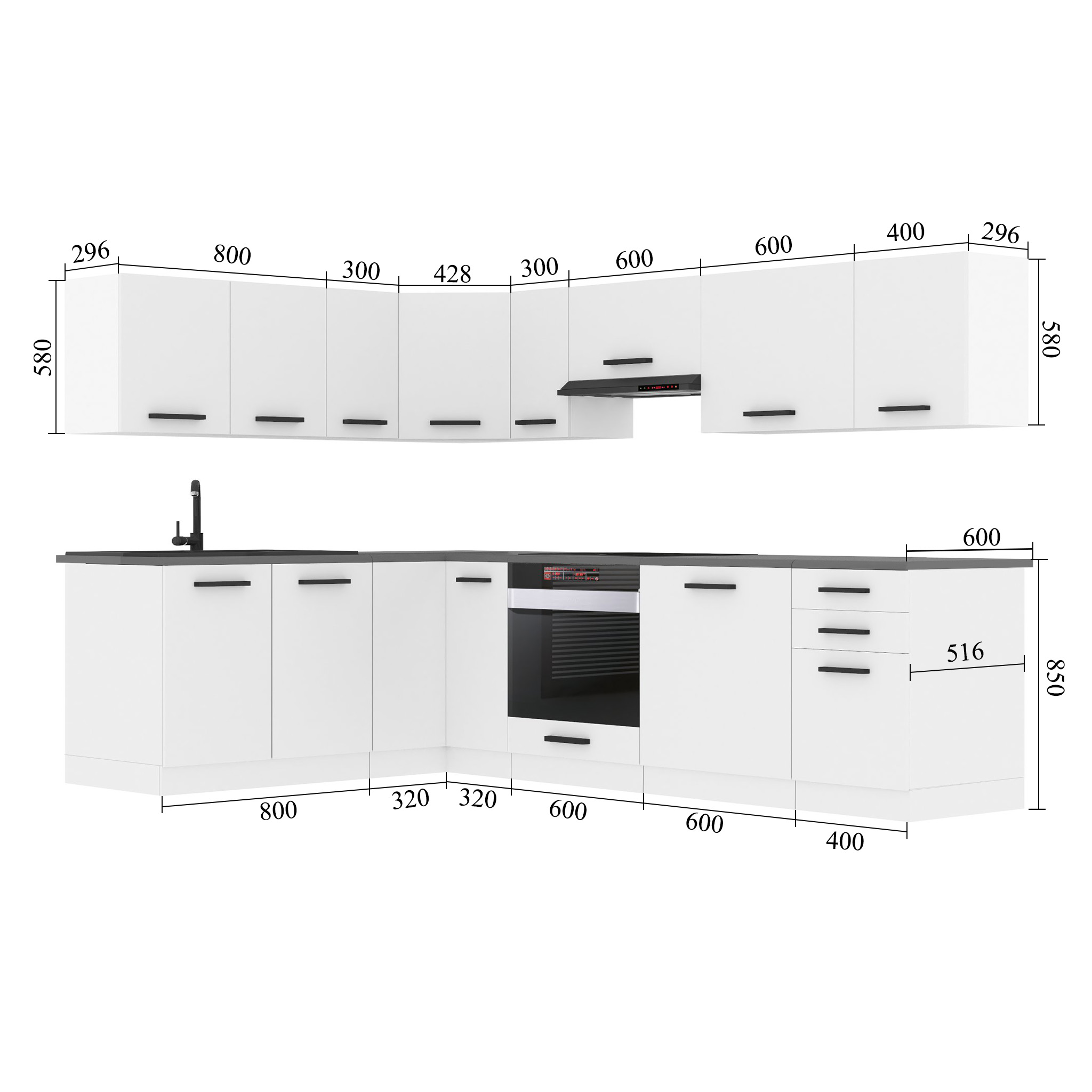 Belini Eckküche Premium Komplettversion 420 cm Mattweiß Arbeitsplatte JANET Hersteller TOR JANET/0/WT/WT/B/B1
