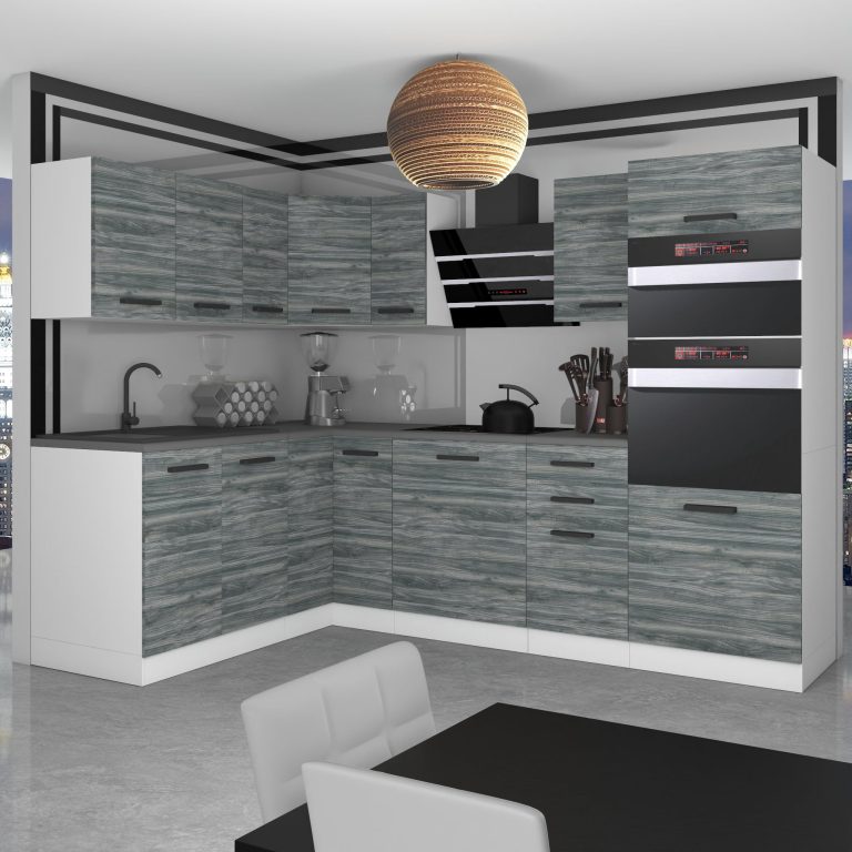 Belini Eckküche Premium Komplettversion 420 cm Grau Anthrazit Glamour Wood Arbeitsplatte MELANIE Hersteller TOR MELANIE/0/WT/GW/B/B1
