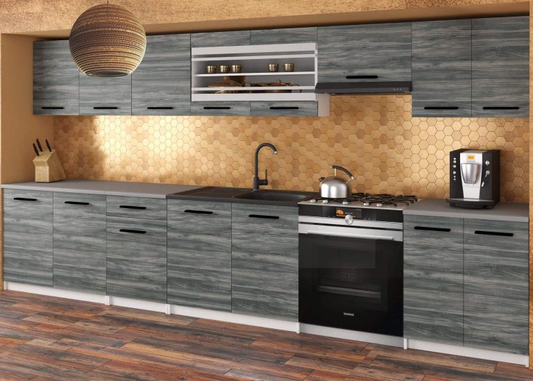 Küchenzeile Belini 320 cm anthrazitgrau Glamour Wood mit Arbeitsplatte Julia Hersteller TOR JULIA/4/WT/GW1/0/B1