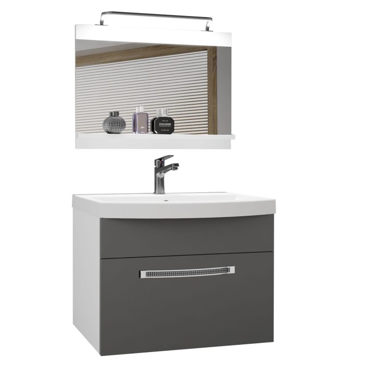 Badezimmermöbel Belini Premium Full Version Mattgrau + Waschbecken + Spiegel + LED-Beleuchtung Glamour 3 Hersteller GLA M 1/0/W/SR/0/MB/PP