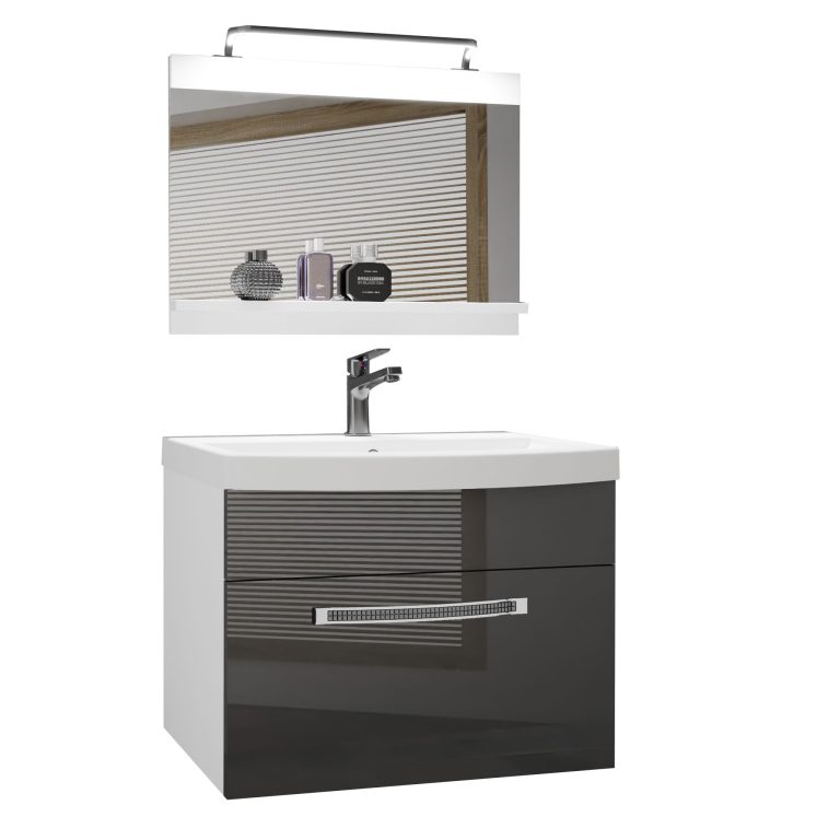 Badezimmermöbel Belini Premium Full Version Hochglanzgrau + Waschbecken + Spiegel + LED-Beleuchtung Glamour 7 Hersteller GLA P 1/0/W/S/0/MB/PP
