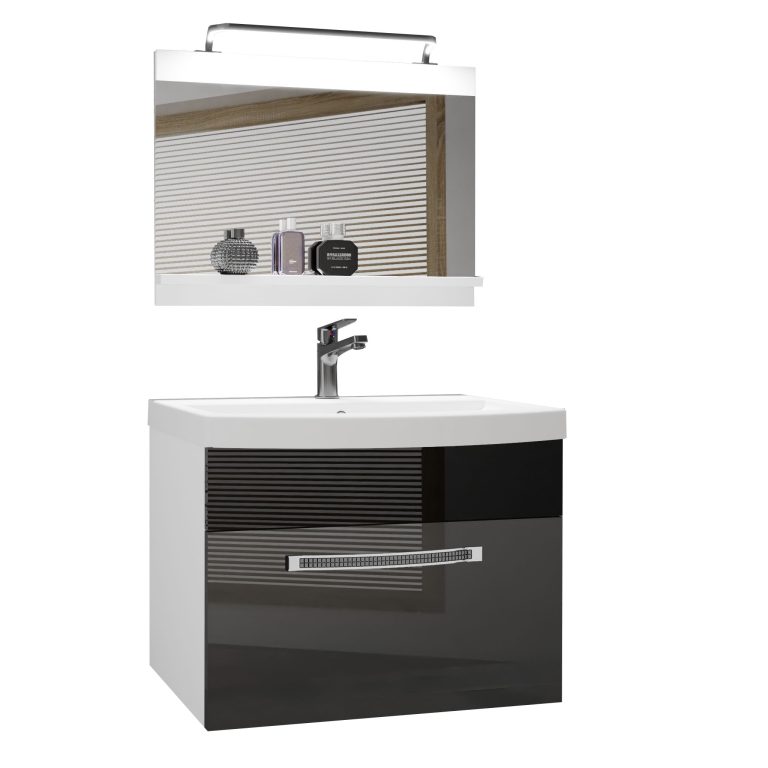 Badezimmermöbel Belini Premium Full Version Hochglanzgrau / Hochglanzschwarz + Waschbecken + Spiegel + LED-Beleuchtung Glamour 12 Hersteller GLA P 1/0/W/SB/0/MB/PP