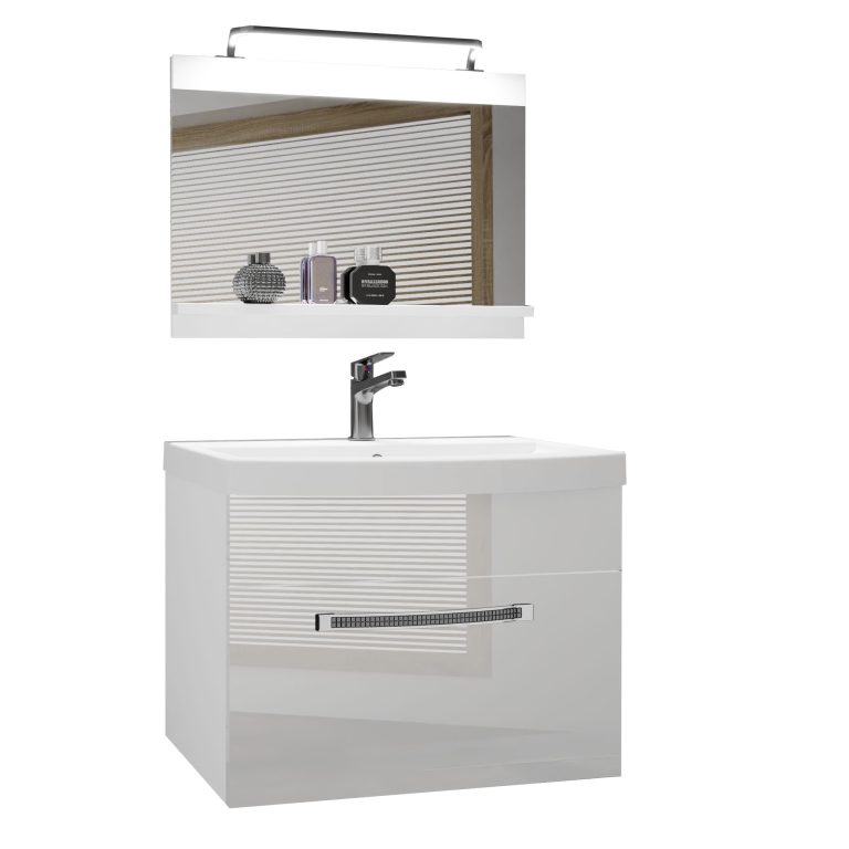 Badezimmermöbel Belini Premium Full Version Hochglanzweiß + Waschbecken + Spiegel + LED-Beleuchtung Glamour 5 Hersteller GLA P 1/0/W/W/0/MB/PP