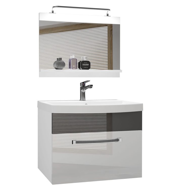 Badezimmermöbel Belini Premium Full Version Hochglanzweiß / Hochglanzgrau + Waschbecken + Spiegel +LED-Beleuchtung Glamour 9 Hersteller GLA P 1/0/W/WS/0/MB/PP
