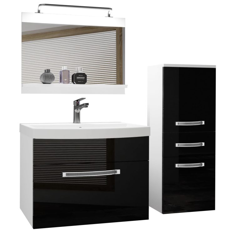 Badezimmermöbel Belini Premium Full Version Hochglanzschwarz + Waschbecken + Spiegel + LED-Beleuchtung Glamour 25 Hersteller GLA P 2/0/W/B/0/MB/PP