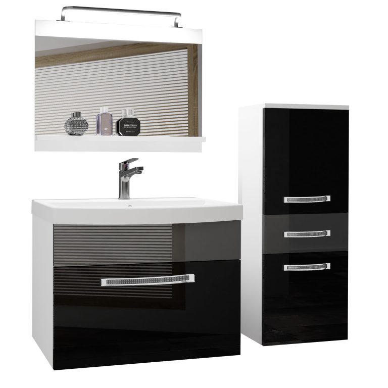 Badezimmermöbel Belini Premium Full Version Hochglanzschwarz / Hochglanzgrau + Waschbecken + Spiegel + LED-Beleuchtung Glamour 30 Hersteller GLA P 2/0/W/BS/0/MB/PP
