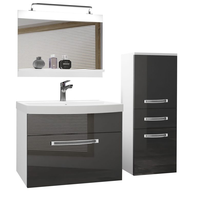 Badezimmermöbel Belini Premium Full Version Hochglanzgrau + Waschbecken + Spiegel + LED-Beleuchtung Glamour 25 Hersteller GLA P 2/0/W/S/0/MB/PP