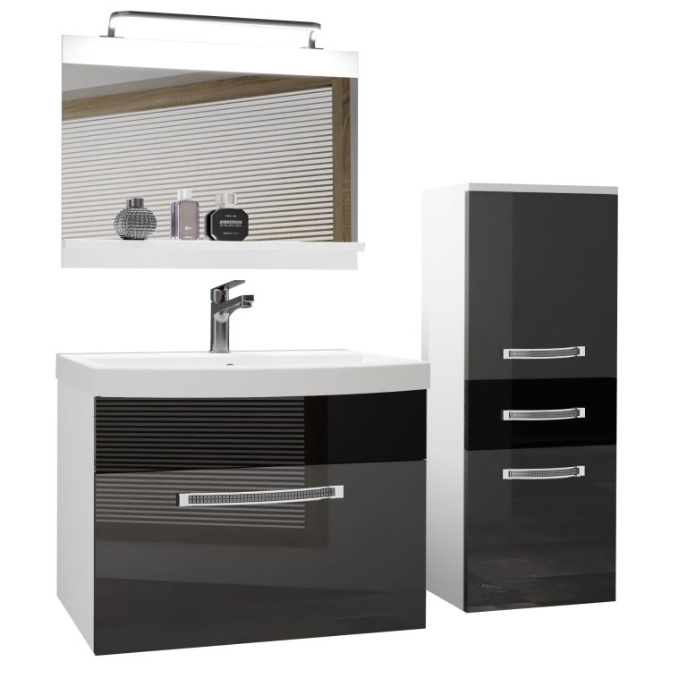 Badezimmermöbel Belini Premium Full Version Hochglanzgrau / Hochglanzschwarz + Waschbecken + Spiegel + LED-Beleuchtung Glamour 31 Hersteller GLA P 2/0/W/SB/0/MB/PP
