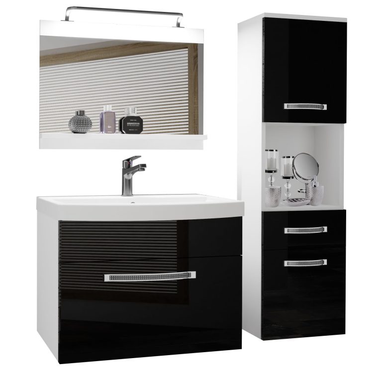 Badezimmermöbel Belini Premium Full Version Hochglanzschwarz + Waschbecken + Spiegel + LED-Beleuchtung Glamour 44 Hersteller GLA P 3/0/W/B/0/MB/PP