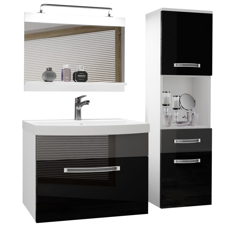 Badezimmermöbel Belini Premium Full Version Hochglanzschwarz / Hochglanzgrau + Waschbecken + Spiegel + LED-Beleuchtung Glamour 49 Hersteller GLA P 3/0/W/BS/0/MB/PP