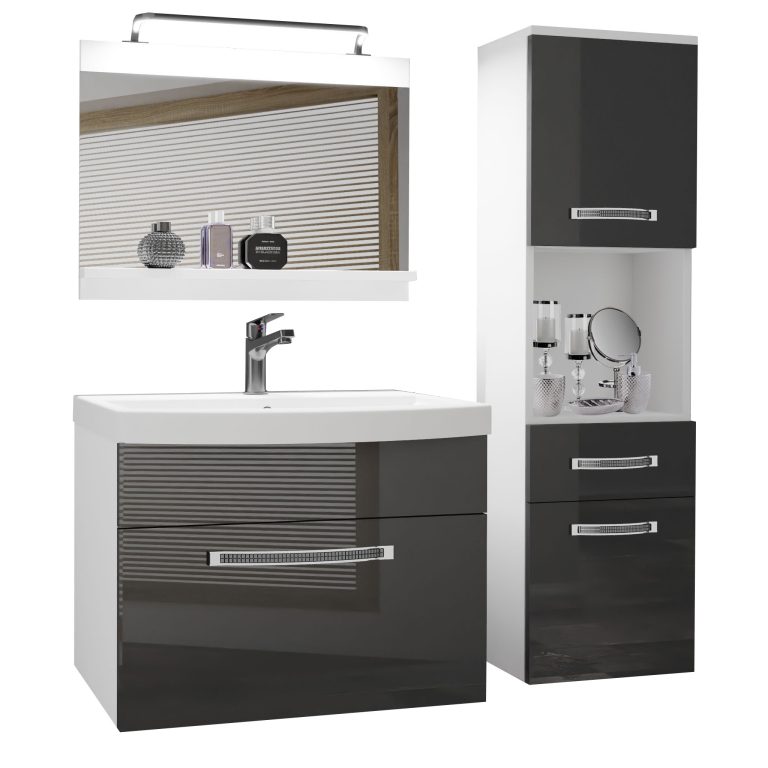 Badezimmermöbel Belini Premium Full Version Hochglanzgrau + Waschbecken + Spiegel + LED-Beleuchtung Glamour 45 Hersteller GLA P 3/0/W/S/0/MB/PP