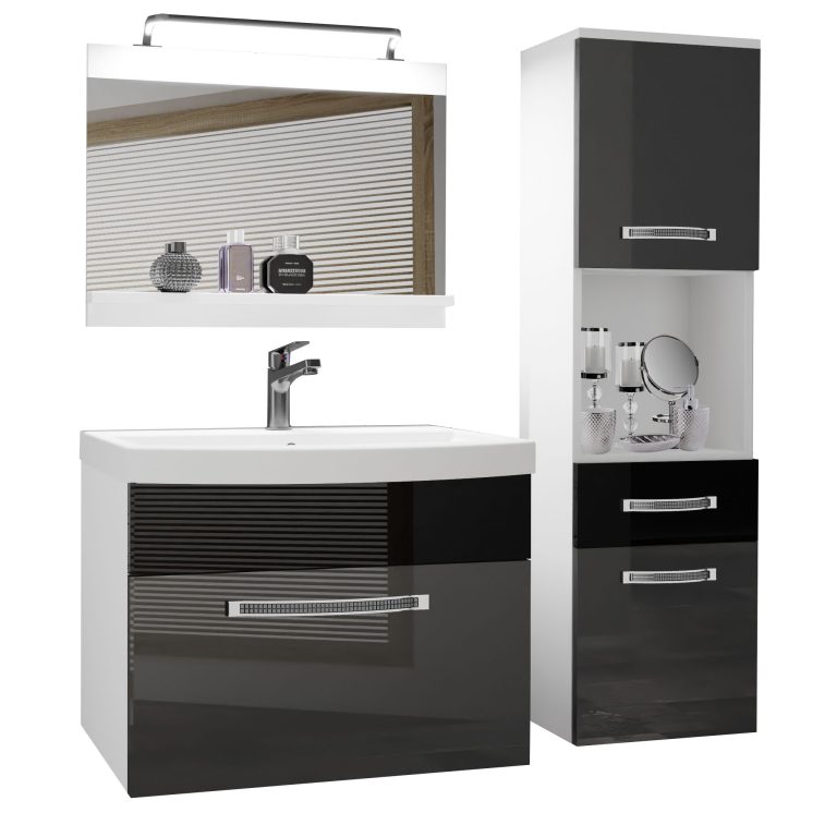 Badezimmermöbel Belini Premium Full Version Hochglanzgrau / Hochglanzschwarz + Waschbecken + Spiegel + LED-Beleuchtung Glamour 50 Hersteller GLA P 3/0/W/SB/0/MB/PP

