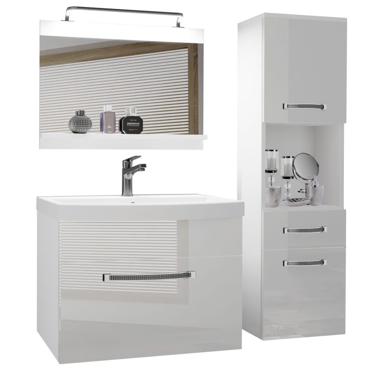 Badezimmermöbel Belini Premium Full Version Hochglanzweiß + Waschbecken + Spiegel + LED-Beleuchtung Glamour 43 Hersteller GLA P 3/0/W/W/0/MB/PP