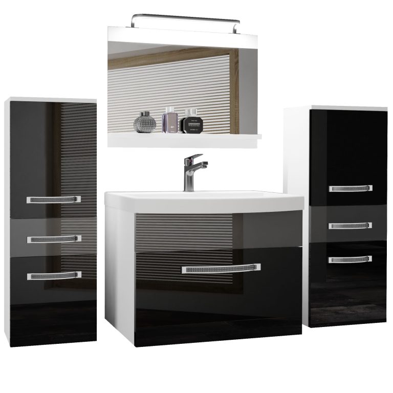 Badezimmermöbel Belini Premium Full Version Hochglanzschwarz / Hochglanzgrau+ Waschbecken + Spiegel + LED-Beleuchtung Glamour 68 Hersteller GLA P 4/0/W/BS/0/MB/PP