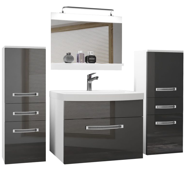 Badezimmermöbel Belini Premium Full Version Hochglanzgrau + Waschbecken + Spiegel + LED-Beleuchtung Glamour 64 Hersteller GLA P 4/0/W/S/0/MB/PP

