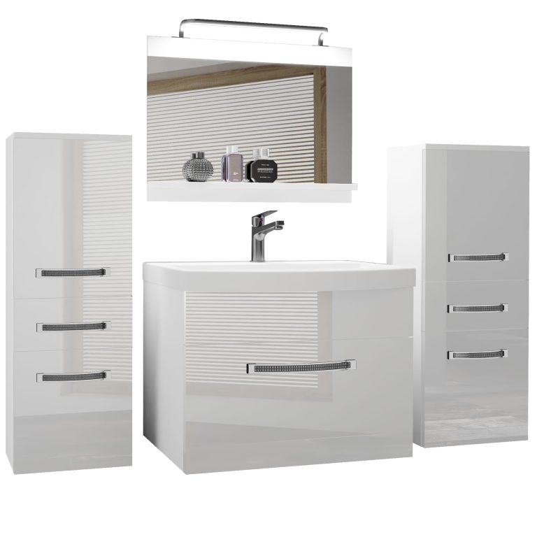 Badezimmermöbel Belini Premium Full Version Hochglanzweiß + Waschbecken + Spiegel + LED-Beleuchtung Glamour 62 Hersteller GLA P 4/0/W/W/0/MB/PP
