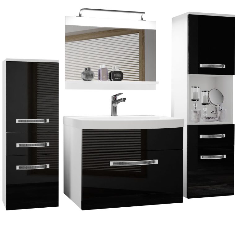 Badezimmermöbel Belini Premium Full Version Hochglanzschwarz + Waschbecken + Spiegel + LED-Beleuchtung Glamour 82 Hersteller GLA P 5/0/W/B/0/MB/PP