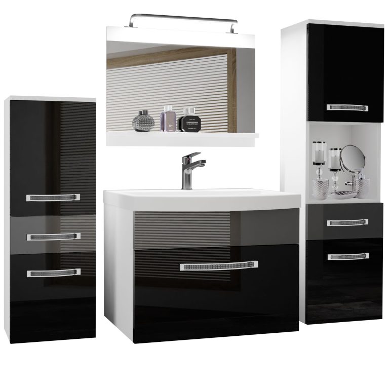 Badezimmermöbel Belini Premium Full Version Hochglanzschwarz / Hochglanzgrau + Waschbecken + Spiegel + LED-Beleuchtung Glamour 87 Hersteller GLA P 5/0/W/BS/0/MB/PP
