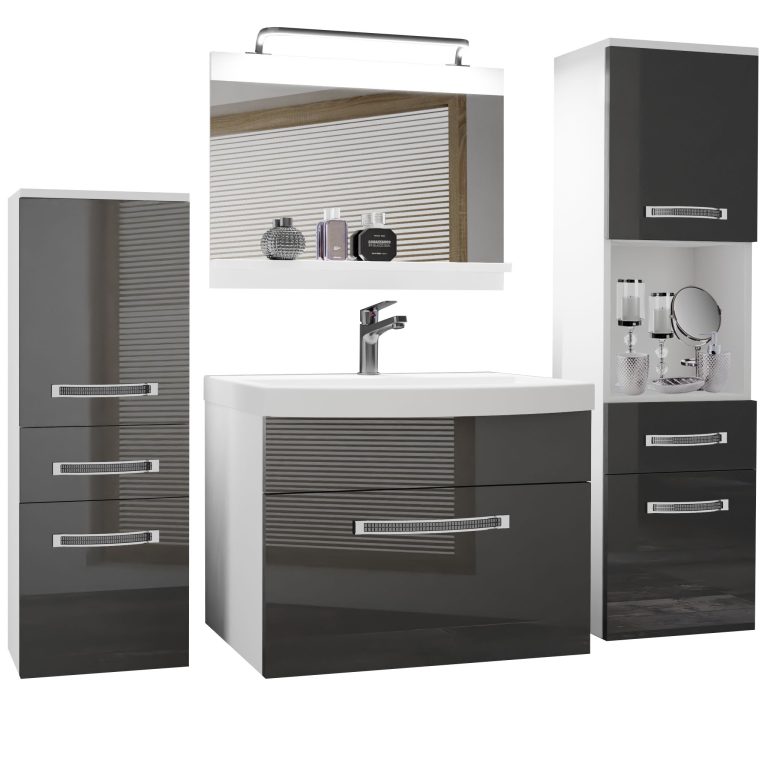 Badezimmermöbel Belini Premium Full Version Hochglanzgrau + Waschbecken + Spiegel + LED-Beleuchtung Glamour 83 Hersteller GLA P 5/0/W/S/0/MB/PP