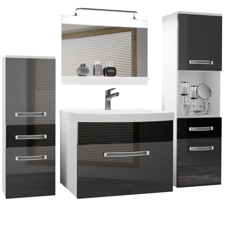 Badezimmermöbel Belini Premium Full Version Hochglanzgrau / Hochglanzschwarz  + Waschbecken + Spiegel + LED-Beleuchtung Glamour 88 Hersteller GLA P 5/0/W/SB/0/MB/PP
