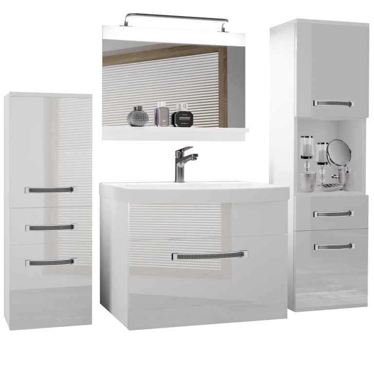 Badezimmermöbel Belini Premium Full Version Hochglanzweiß + Waschbecken + Spiegel + LED-Beleuchtung Glamour 81 Hersteller GLA P 5/0/W/W/0/MB/PP