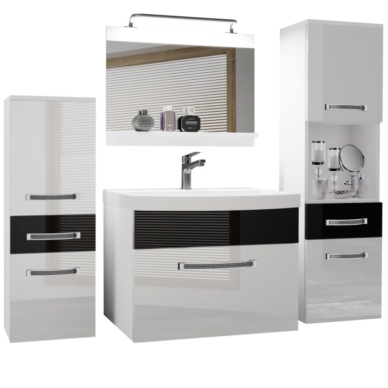 Badezimmermöbel Belini Premium Full Version Hochglanzweiß / Hochglanzschwarz + Waschbecken + Spiegel + LED-Beleuchtung Glamour 84 Hersteller GLA P 5/0/W/WB/0/MB/PP
