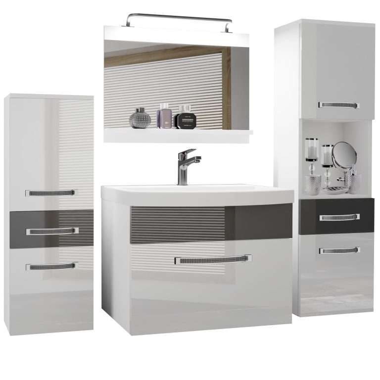 Badezimmermöbel Belini Premium Full Version Hochglanzweiß / Hochglanzgrau + Waschbecken + Spiegel + LED-Beleuchtung Glamour 85 Hersteller GLA P 5/0/W/WS/0/MB/PP
