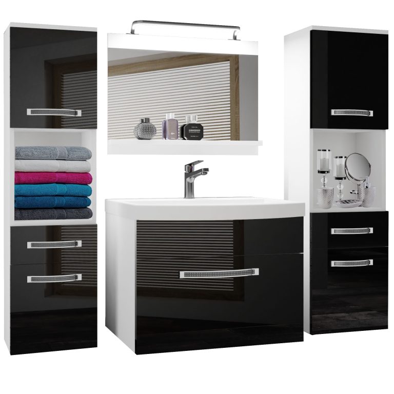 Badezimmermöbel Belini Premium Full Version Hochglanzschwarz + Waschbecken + Spiegel + LED-Beleuchtung Glamour 101 Hersteller GLA P 6/0/W/B/0/MB/PP
