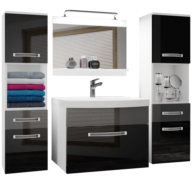 Badezimmermöbel Belini Premium Full Version Hochglanzschwarz / Hochglanzgrau + Waschbecken + Spiegel + LED-Beleuchtung Glamour 106 Hersteller  GLA P 6/0/W/BS/0/MB/PP
