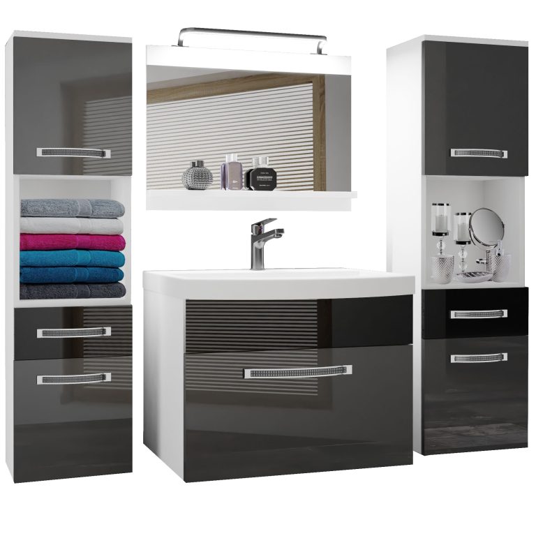 Badezimmermöbel Belini Premium Full Version Hochglanzgrau / Hochglanzschwarz + Waschbecken + Spiegel + LED-Beleuchtung Glamour 107 Hersteller GLA P 6/0/W/SB/0/MB/PP
