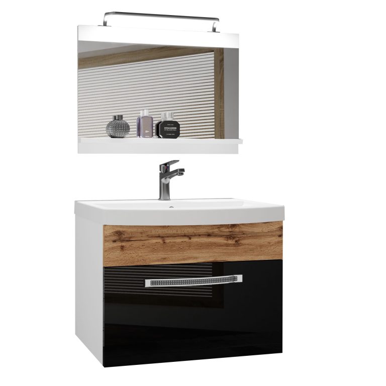 Badezimmermöbel Belini Premium Full Version Hochglanzschwarz / Wotan-Eiche + Waschbecken + Spiegel + LED-Beleuchtung Glamour 19 Hersteller GLA PM 1/0/W/BDW/0/MB/PP
