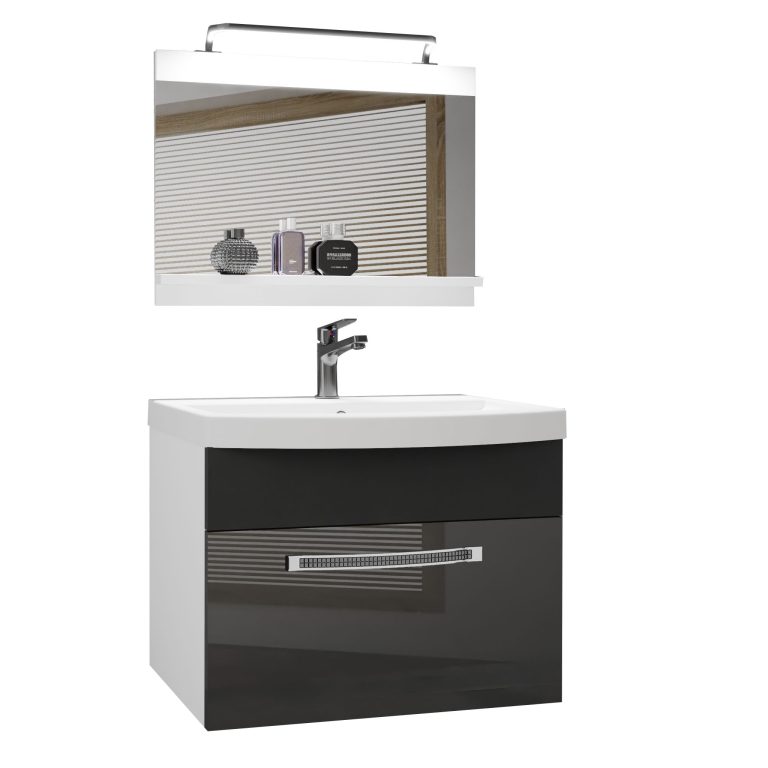 Badezimmermöbel Belini Premium Full Version Hochglanzgrau / Mattschwarz + Waschbecken + Spiegel + LED-Beleuchtung Glamour 13 Hersteller GLA PM 1/0/W/SB/0/MB/PP