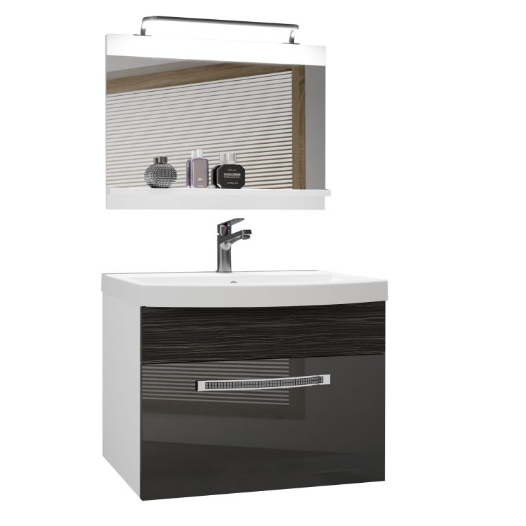 Badezimmermöbel Belini Premium Full Version Hochglanzgrau / königliches Ebenholz + Waschbecken + Spiegel + LED-Beleuchtung Glamour 14 Hersteller GLA PM 1/0/W/SHK/0/MB/PP