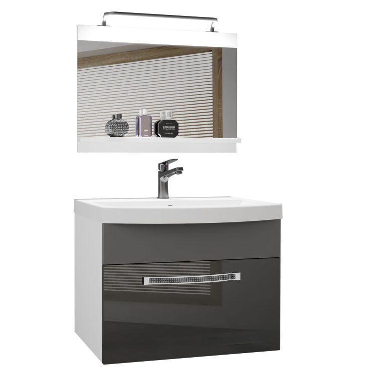 Badezimmermöbel Belini Premium Full Version Hochglanzgrau / Mattgrau + Waschbecken + Spiegel + LED-Beleuchtung Glamour 15 Hersteller GLA PM 1/0/W/SSR/0/MB/PP
